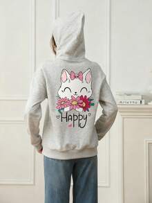 1pc Tween Girl Casual Printed Pullover Sweatshirt, Thermal Lined, Long Sleeve, Autumn/Winter Student Clothing - Light Grey - View 2