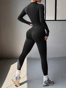 Aoqta Sports 女士两件套运动服，春夏休闲户外运动纯色瑜伽服，拉链长袖上衣搭配修身长裤，适合户外健身、普拉提、跑步等运动。 - 黑色 - 查看 3