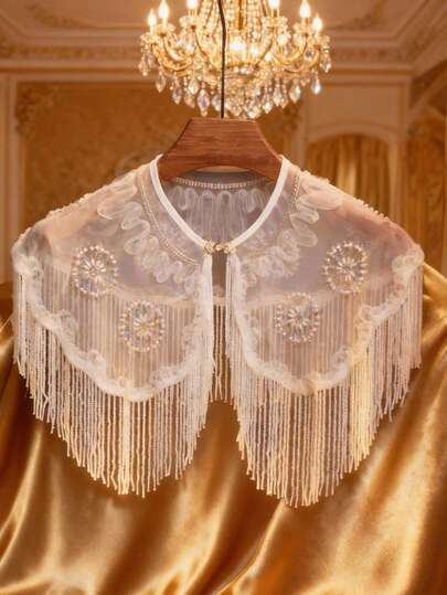 White Handmade 3D Floral Embroidered Pearl Tassel Bridal Shawl, Elegant Sleeveless Cover Up For Evening Gown, Wedding Party, Solid Color Sequin Shawl With Pearl Tassels