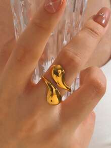 女士不锈钢光滑双球珠戒指开口金色几何结婚情侣戒指美观珠宝礼物 S - 水滴款 - 查看 6