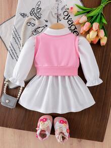 2 件套女婴优雅甜美长袖收腰白色衬衫裙和刺绣粉色背心开衫套装 - 粉色 - 查看 3