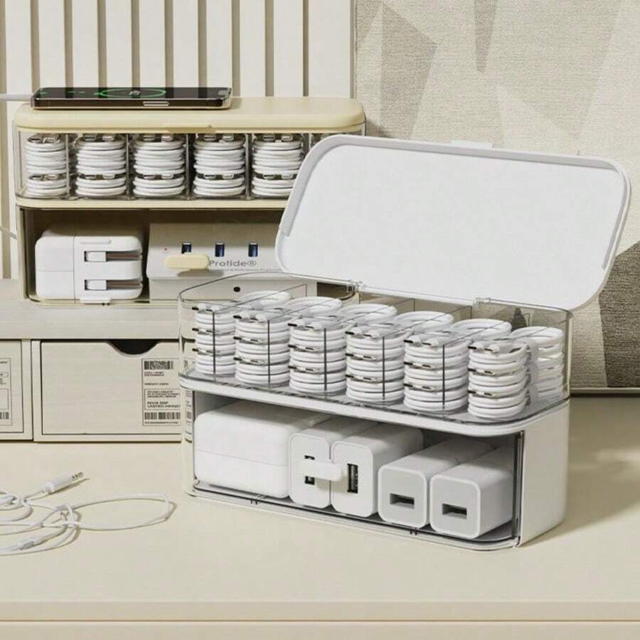 1pc Desktop Clear Storage Box With Lid, Dustproof, Stackable And Divided, For Cable/Charger/Usb/Accessory/Jewelry Storage
