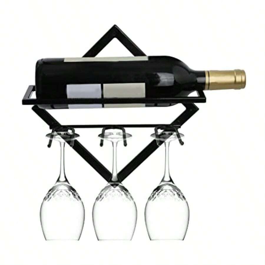 YWall Mounted Wine Rack Metal Wine Glasses Holder Champagne Bottle Holder Space Saving Bottles Display Shelf Floating Wine Shelf for Kitchen 2pcs - Negro - Ver 1