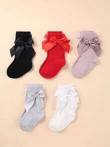 5 Pairs Of Knee-High Socks For Baby Girls Decorated With Bows, Princess-Style Long Socks For Toddlers, Cute Socks For Girls.Available In Multiple Color Combinations, Including Red, White, Black, Pink And Gray. - Multicolor - View 13