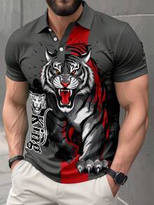 Men's Tiger Print Short Sleeve Polo Shirt, Spring/Summer - Multicolor - View 1