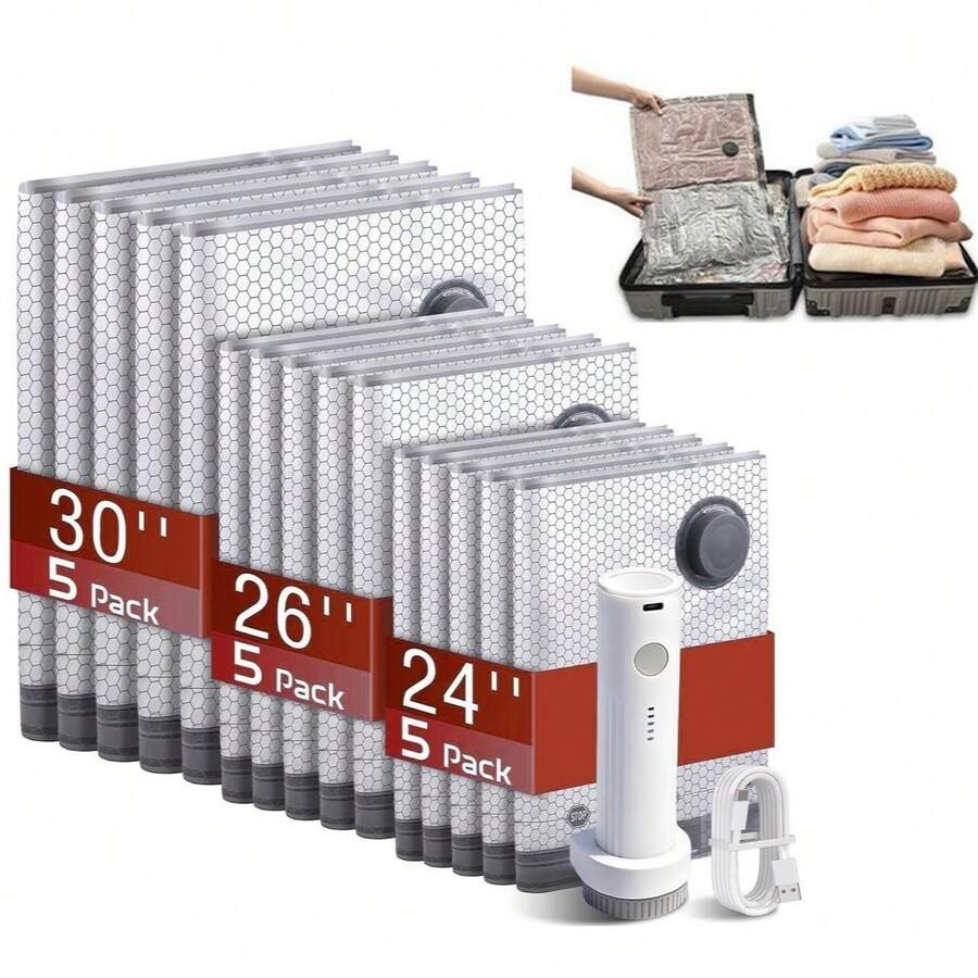Bolsas de compresión al vacío inalámbricas para viaje: paquete de 15 bolsas de almacenamiento compactas con bomba eléctrica recargable por USB, organizador de equipaje de mano para ropa, mantas y maletas. - Gris Claro - Ver 1
