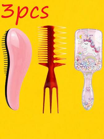 3 Pieces Cartoon Transparent Comb Set, Cute Unicorn Hairbrush, Air Cushion Massage Comb, Oil Brush, Slicked-Back Hair Brush, 3-In-1 Styling Comb, Wide-Tooth Hairbrush, Art Comb, Herringbone Comb, Suitable For Family Use And A Travel Essential., Hair Tool Kit, Hair Styling Kit