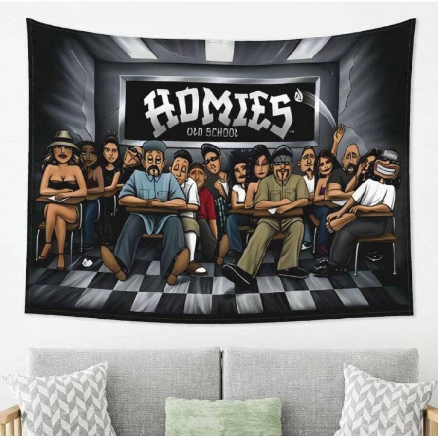 Homies In Classroom Illustration Tapestry - Vibrant Cartoon-Style Classroom Scene Wall Art, Durable Polyester Fabric For Dorm, Party & Team Decor - Graduation & Birthday Gift Idea, Dorm Room Decoration, Playful Design, Modern Living Room - a - 查看 1
