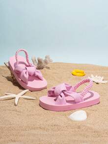Infant Flip Flops With Elastic Strap, Bow Design, Soft Fabric, Thick Sole, Comfortable & Non-Slip, Suitable For Kids Daily Wear, Indoor/Outdoor, Vacation Essential - Pink - View 4
