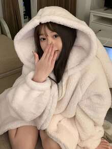 女士冬季兔耳连帽浴袍 - 加厚绒毛保暖连帽浴袍，加厚保暖睡衣，舒适家居服，卡通风格设计，动物睡衣，冬季睡衣，女士睡袍，加厚保暖睡衣，可爱兔子派对服装，易于打理的奢华水疗及家居浴袍，女士浴袍，寒冷天气家居服，趣味设计，柔软质地，穿着舒适，浴室装饰 - 彩色 - 查看 9