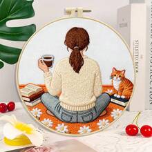 Beginner-Friendly Healing Coffee Girl Embroidery Kit, Pre-Printed Afternoon Coffee Scene Fabric With 20cm Embroidery Hoop, Threads Included, DIY Handcraft Set - Multicolor - View 5