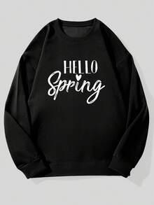 Men Casual Crew Neck Sweatshirt With HELLO Spring Graphic Black Loose Fit Long Sleeve Round Neck Lightweight Breathable For Casual Attire Spring Casual Wear Relaxed Fit Sweatshirt Comfortable Clothing Oversize Short Sleeve Sweater For Man - Black - View 2