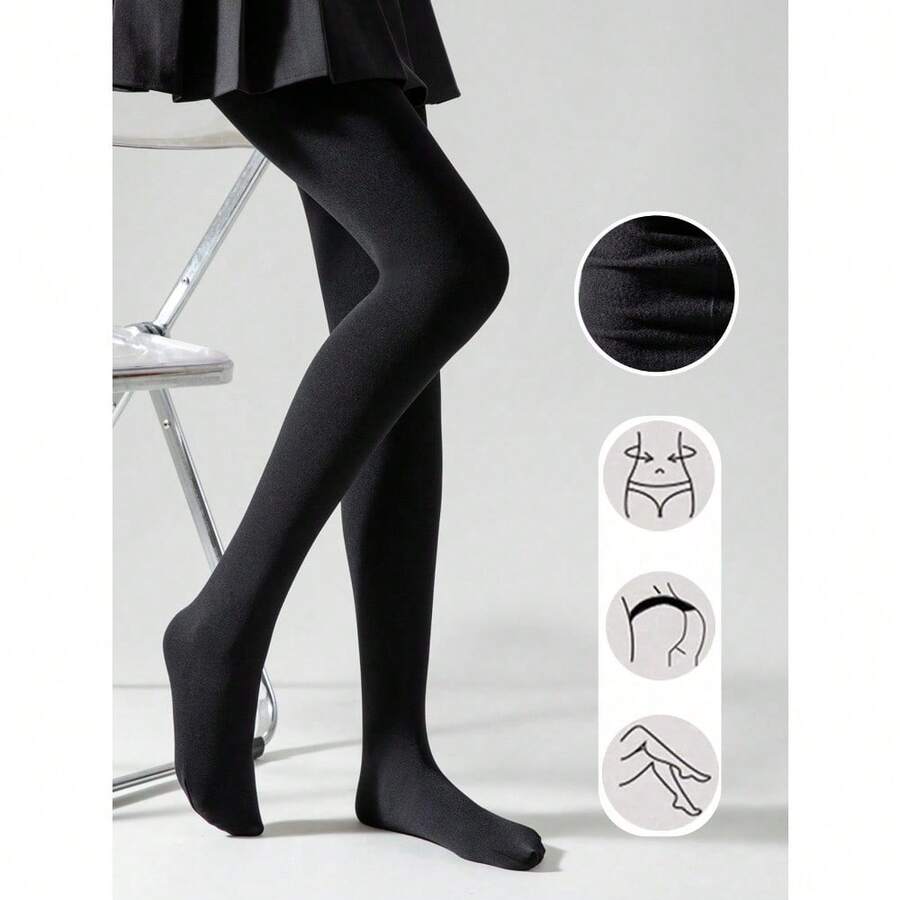 1 Pair Women's Black Thermal Lined Tights, Stretchy Slim-Fit Fuzzed Skinny Stirrup Leggings For Spring And Autumn - màu đen - Xem 1