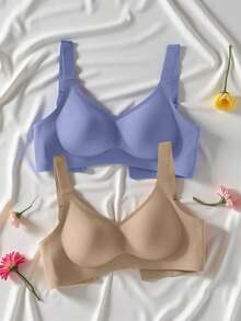 2件套简约舒适女士运动文胸，无钢圈，纯色 - 彩色 - 查看 2