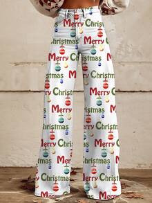 [Denim Print/Imitation Denim] Women's White Imitation Denim Wide-Leg Trousers With 3D Christmas Print (Merry Xmas, Candy Canes, Snowflakes) - Slim-Fit Straight-Leg Pants For Winter, Casual & Holiday Outfits, Non-Stretch Machine-Washable Jeans - Phong cách - Xem 1