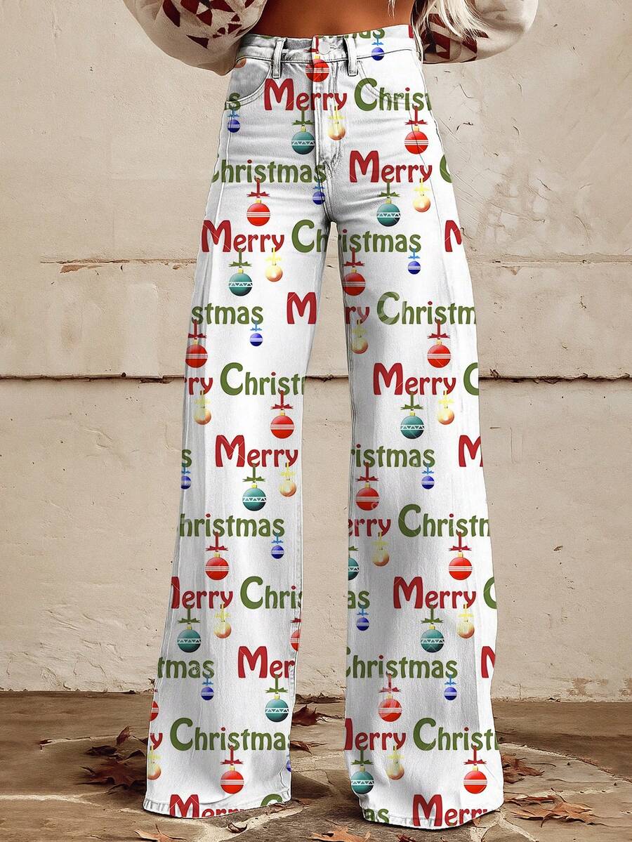 [Denim Print/Imitation Denim] Women's White Imitation Denim Wide-Leg Trousers With 3D Christmas Print (Merry Xmas, Candy Canes, Snowflakes) - Slim-Fit Straight-Leg Pants For Winter, Casual & Holiday Outfits, Non-Stretch Machine-Washable Jeans - Phong cách - Xem 1