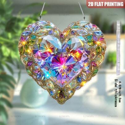 2D Bohemian Crystal Heart Shaped Dream Catcher Pendant - Multicolor (Yellow, Green, Purple, Orange, Red, White, Gold) -2D Acrylic Effect Decorative Reflector, Suitable For Home, Office, Living Room - Includes Easy Installation Accessories, Perfect Gift For Valentine's Day, Birthday, Anniversary Celebrations - Vibrant Heart Shaped Crystal Window Decoration, 2D Flat