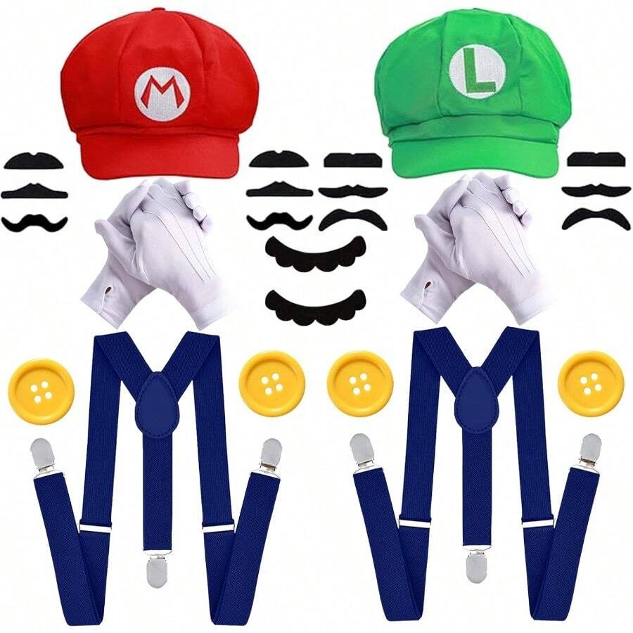 TTJM Ratote Mary And Luigi Hats Costume For Adult Halloween Cosplay Accessories Kit Funny Couple Outfits For Men And Women - 紅綠 - 查看 1