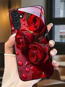 1pc Red Roses With Water Droplets Tempered Glass Phone Case Is Thickened For Enhanced Drop Protection. Suitable For Compatible With Samsung Galaxy S20/21/22/23/24/25 Ultra/FE+,S10/10E+,NOTE9. 20,20ULTRA,A71/56/55/54/53/52/51/36/35/34/32/26/25/24/26/16/15/14/06/05/05S/03S, As Well As, Iphone17,17Air,17pro,17pro Max,16, 15, 14, 13, 12, 11, PRO MAX, As Well As,PLUS - 黑色 - 查看 5