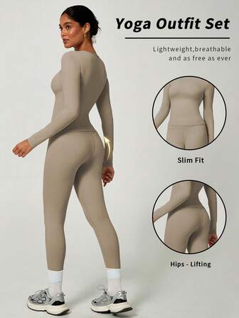 YZMJAFU Women's Autumn Simple Solid Color Top And Leggings Sport Suit; Sportswear Women's Suit; Women's Leggings Suit; Yoga Running Exercise Suit.