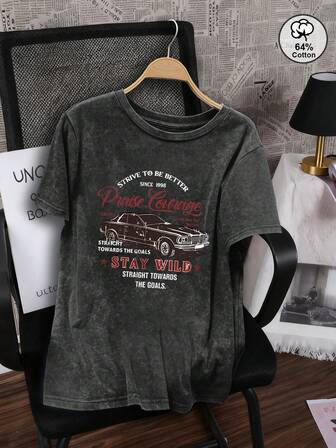 Women's Casual Washed Snowflake Round Neck Short-Sleeved T-Shirt With Retro Car Letter Print Design, Suitable For Everyday Wear, Spring And Summer, Fashionable Printed T-Shirt For Women.