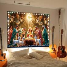 1 Piece Nativity Scene Starry Sky Tapestry - Horizontal Christmas Wall Decoration, Including Mary, Joseph, Shepherds, And Traditional Christmas Elements, Suitable For Indoor Holiday Decoration, Church, Studio Props, Christmas Decoration - 混合 - 查看 2