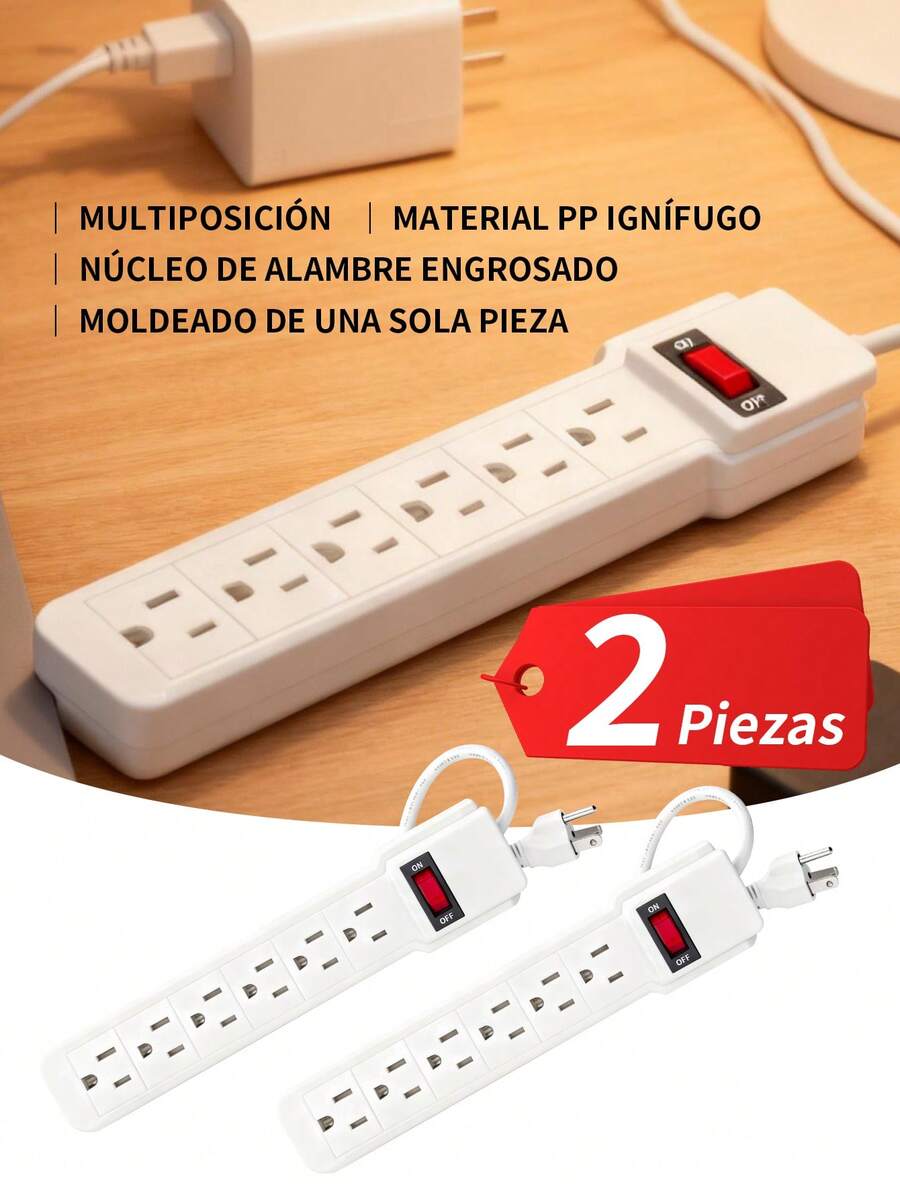 2 Piezas EXTENSION MULTICONTACTO REGLETA 6 ENCHUFES Tira de alimentación eléctrica de CA, enchufe de 6 pines con interruptor, 6 salidas, cable de extensión. - 2 piezas - Ver 1