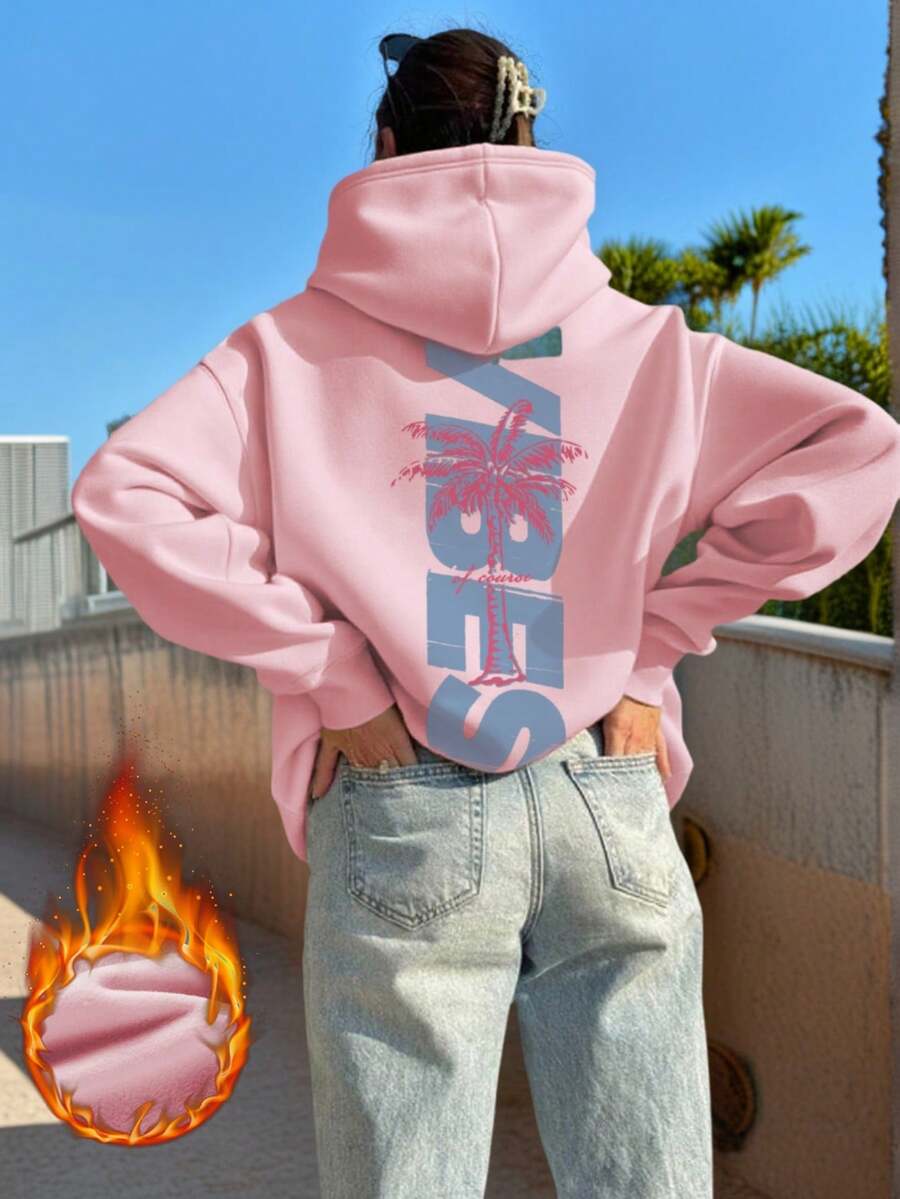 女士印花长袖抽绳连帽卫衣，带口袋，休闲宽松套头衫，时尚冬季服装，适合日常穿着 - 淺粉色 - 查看 1