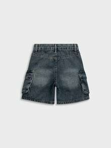 Vintage tvättade jeansshorts för små pojkar, avslappnad passform med flera fickor, bekväma non-stretch-shorts för fritidsbruk