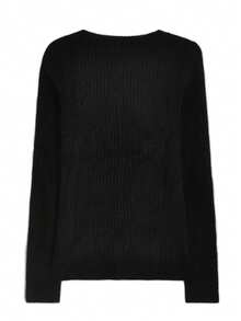 Solid Color Round Neck Slim Fit Casual Women Sweater, Autumn/Winter - Black - View 5