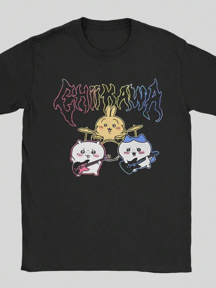 Men's T-Shirt Chiikawas Usagi Hachiware Humorous Cotton Tee Short Sleeve Colorful Heavy Metal T Shirt - 黑色 - 查看 1