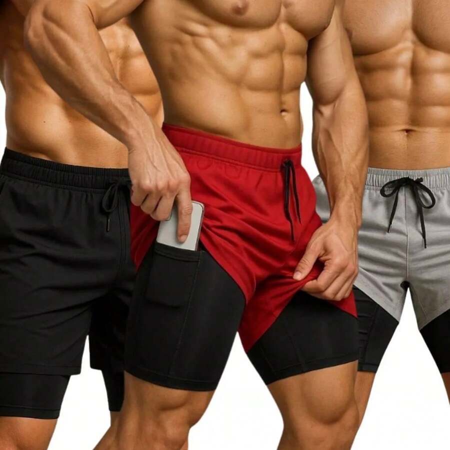 Set Of 3 Men's 2-In-1 DryFit Shorts For Running, Gym, Training, And Running With Cell Phone Pocket - KIT 3 Gray Black Red - View 1