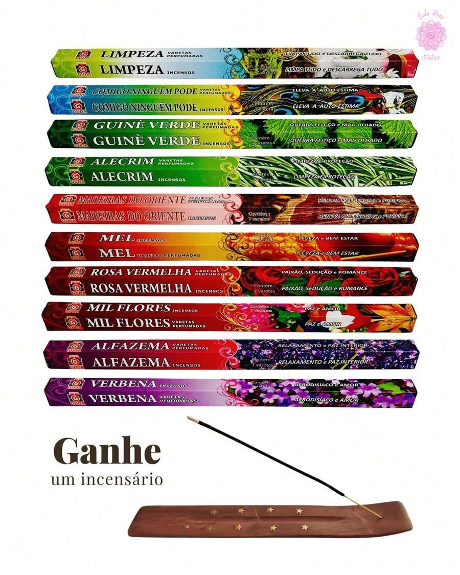 Kit Incenso Indiano 10 Aromas Energeticos limpeza Proteçao Espiritual Prosperidade Amor + Incensario