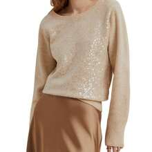 Woman's Lion Of Porches Sweater With Sequins In Beige: Sophistication And Shine In One Design. This Knit Sweater With Round Neck And Sequin Details On The Front Is Perfect For Looking Modern And Elegant On Any Occasion. Available In Beige, It Belongs To The Category Of Knitwear And Sweatshirts Of The Renowned Brand Lion Of Porches. - 米色 - 查看 1