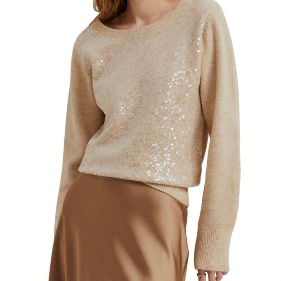 Woman's Lion Of Porches Sweater With Sequins In Beige: Sophistication And Shine In One Design. This Knit Sweater With Round Neck And Sequin Details On The Front Is Perfect For Looking Modern And Elegant On Any Occasion. Available In Beige, It Belongs To The Category Of Knitwear And Sweatshirts Of The Renowned Brand Lion Of Porches. - 米色 - 查看 1