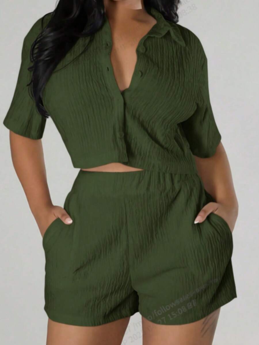 Women's Solid Color Vacation Casual Button Front Short Sleeve Crop Top And Elastic Waist Pocket Shorts Set Summer - Army Green - View 1