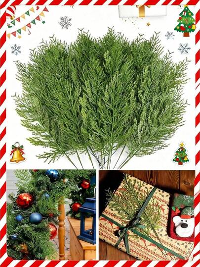 Artificial Pine Sprigs Faux Greenery Stems Pine Picks Plastic Christmas Decor DIY Holiday Accessories Artificial Pine Branches Christmas Faux Cedar Stems, Artificial Faux Cedar Branches, Fake Christmas Greenery Pine Picks For Wreath Craft DIY Home Kitchen Decorations(Green)