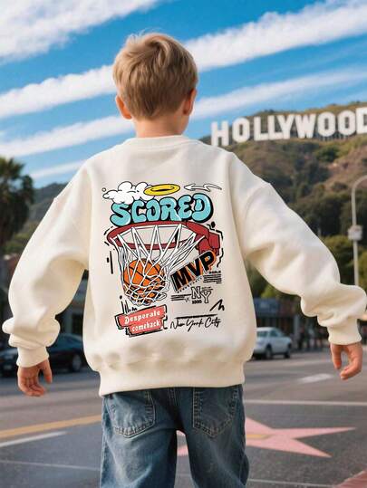 1 Boy's Long Sleeved Round Neck Pullover With "Dunk Score" Print Pattern, Providing A Comfortable, Fashionable, And Casual Autumn And Winter New Warm Top For Young Boys/Tween Boys/Teen Boys