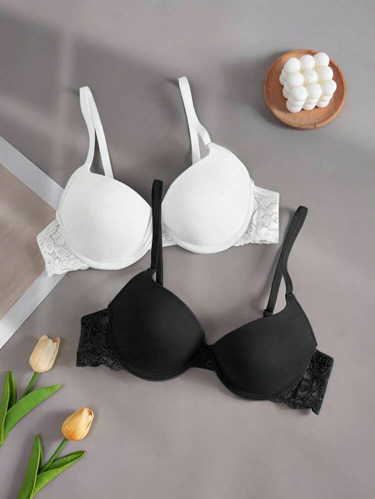 2pcs Women's Comfortable Lingerie Set - Luxurious Padded Bra, Delicate Lace Details, High-Support, Soft & Breathable Fabric For Ultimate Comfort - Multicolor - View 2