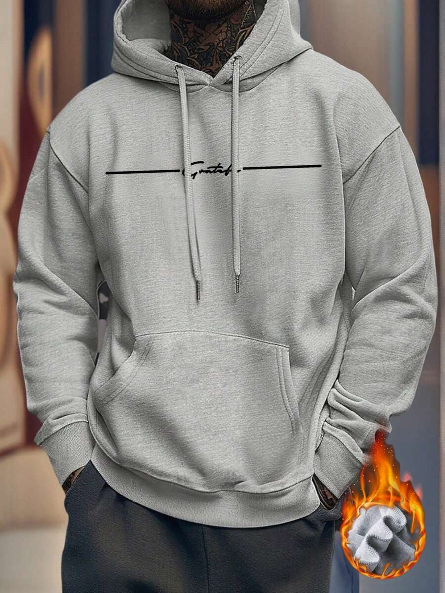 Zrgoth 男士休闲街头风花卉字体标语“感恩”极简印花抓绒连帽衫，秋冬款