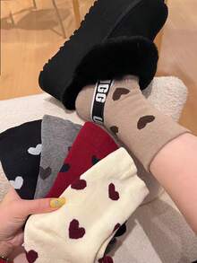 3双加厚保暖爱心图案中筒袜，女士款，柔软舒适，适合秋冬季节，颜色随机。 - 彩色 - 查看 4