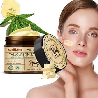 Crema hidratante de 120ml con 3 en 1 a base de sebo, que contiene aceite de ricino y frankincienso, hidratación profunda y reafirmante, fórmula a base de plantas, cuidado suave para todo tipo de piel