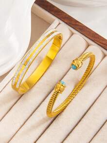 Bộ 2 vòng tay thép không gỉ vàng sang trọng và vòng tay bện ngọc lam xanh, thích hợp cho ngày lễ tình nhân, đám cưới, tiệc tùng và lễ kỷ niệm Ramadan, quà tặng trang trí, trang sức tinh tế - vòng đeo tay - Xem 3