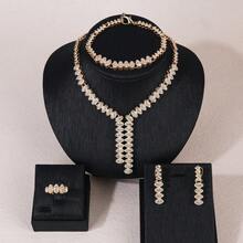 5 件优雅女士 14K 镀金首饰套装雪花花朵水滴水钻简约可爱项链手链戒指耳环珠宝母亲节礼物带礼盒情人节、妈妈、母亲、母亲节、礼物