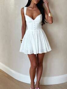 Women's Summer Mini Dress Stylish Solid Lace Trim Flower Embroidered Hollow Details Sleeveless V Neck A Line Dress - 白色 - 查看 3