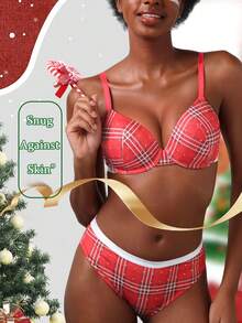 1 Set/2pcs Red Striped Underwire Bra Set - Christmas Theme, Lift & Side Fat Control, Supportive, Holiday Gift - Red - View 6