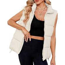 - Chaleco acolchado para mujer, chaleco de chamarra hinchado, de gran tamao, recortado, sin mangas, con cierre, acolchado, chamarra, chaleco de invierno, color beige, talla S, Beige, - inicial - Ver 1