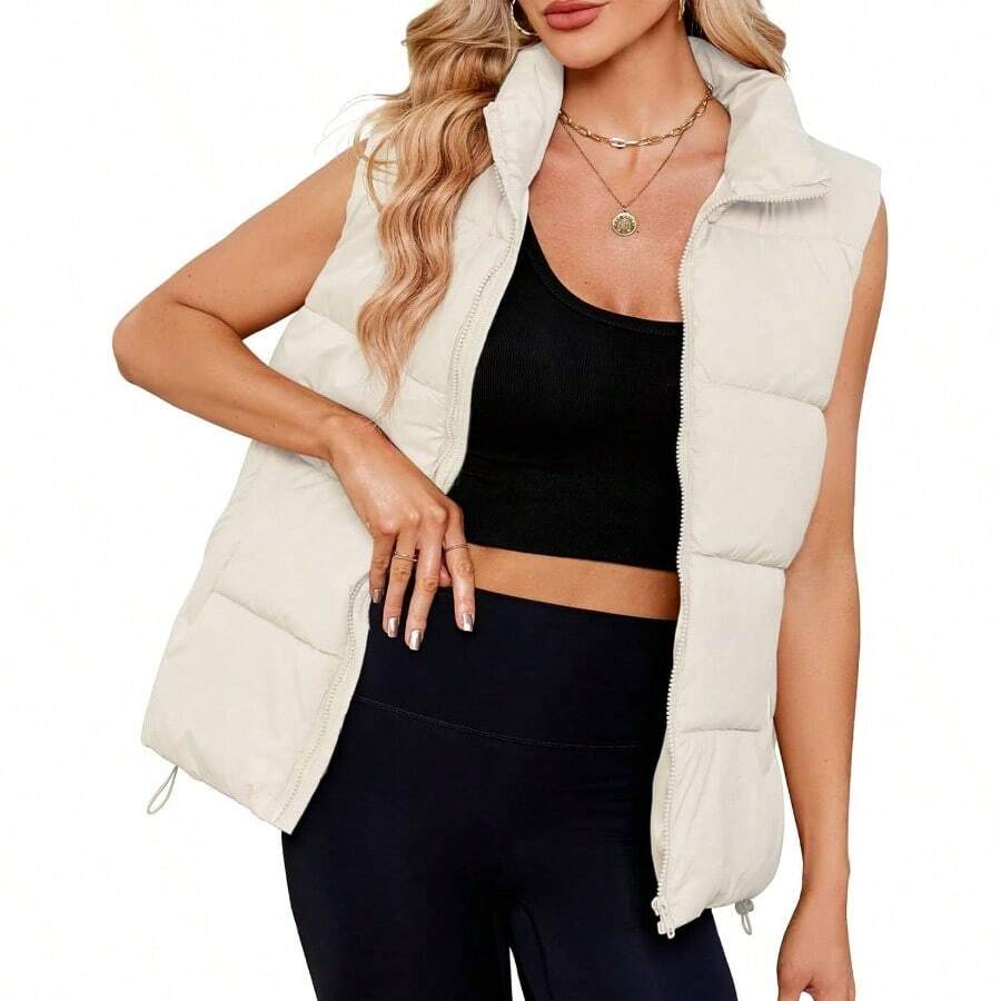 - Chaleco acolchado para mujer, chaleco de chamarra hinchado, de gran tamao, recortado, sin mangas, con cierre, acolchado, chamarra, chaleco de invierno, color beige, talla S, Beige, - inicial - Ver 1