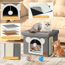 Cama cubierta grande para gatos de interior - Casa cúbica extra ancha para gatos con bola de peluche colgante y almohadilla rascadora, cueva plegable para mascotas como escondite para múltiples gatos - Talla única - gris - Ver 8