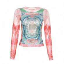 2024 New Summer Style Commuting Fashion Printed Street Photography Slim Fit Breathable Open Navel Long Sleeve Women - 紅色 - 查看 5